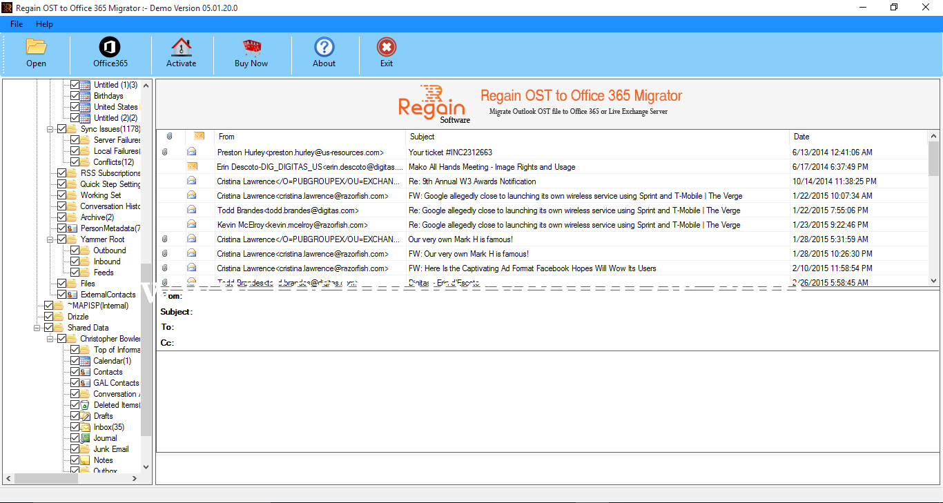 Regain OST to Office 365 Migrator Screenshots